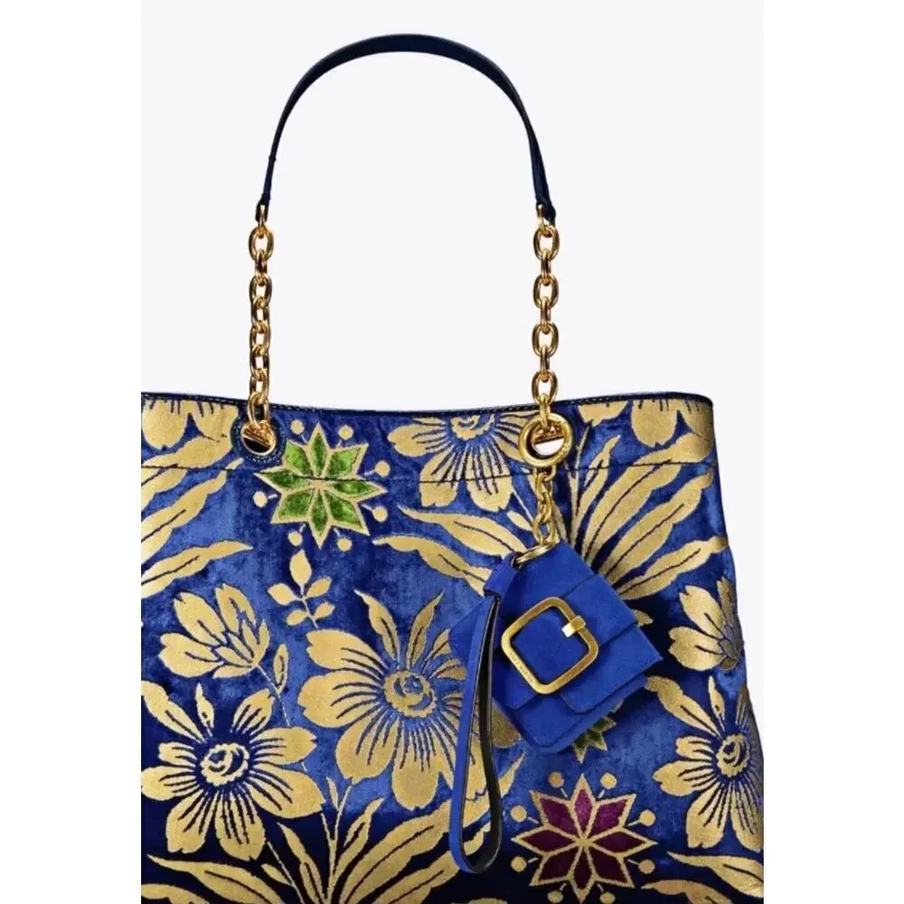 NEW TORY BURCH SAWYER MINI BAG KEY CHAIN WRISTLET BLUE DAHLIA CHARM‎ AIRBUD FOB